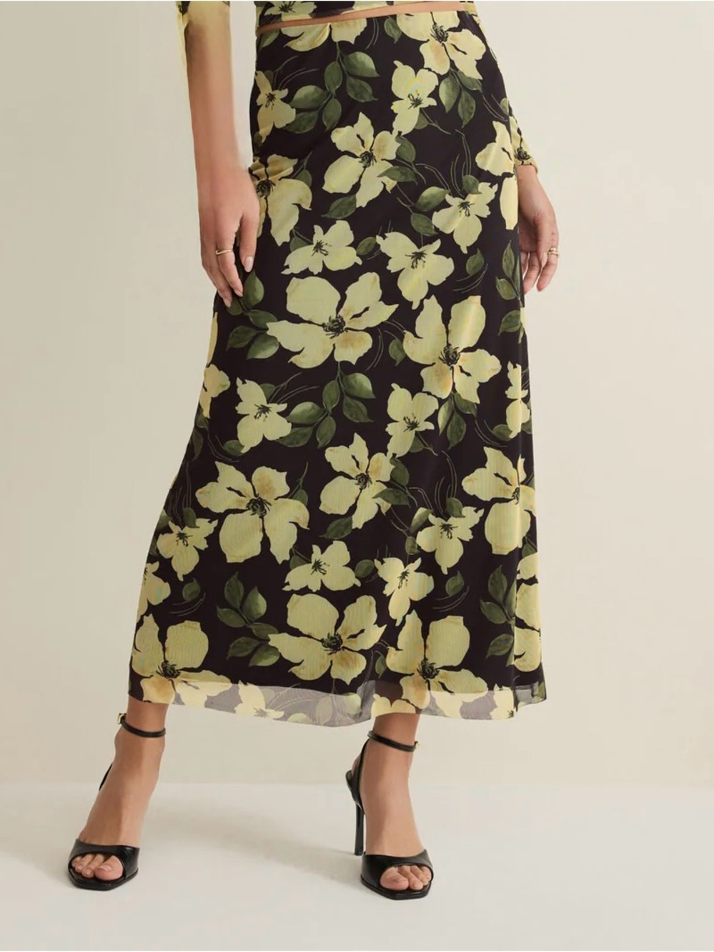 Z Supply Black Floral Midi Skirt with Yellow and Green Blooms